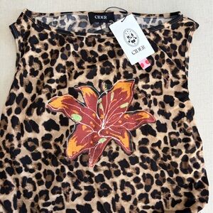 Cider Leopard Print Boat Neck Cropped Tank with Floral Applique